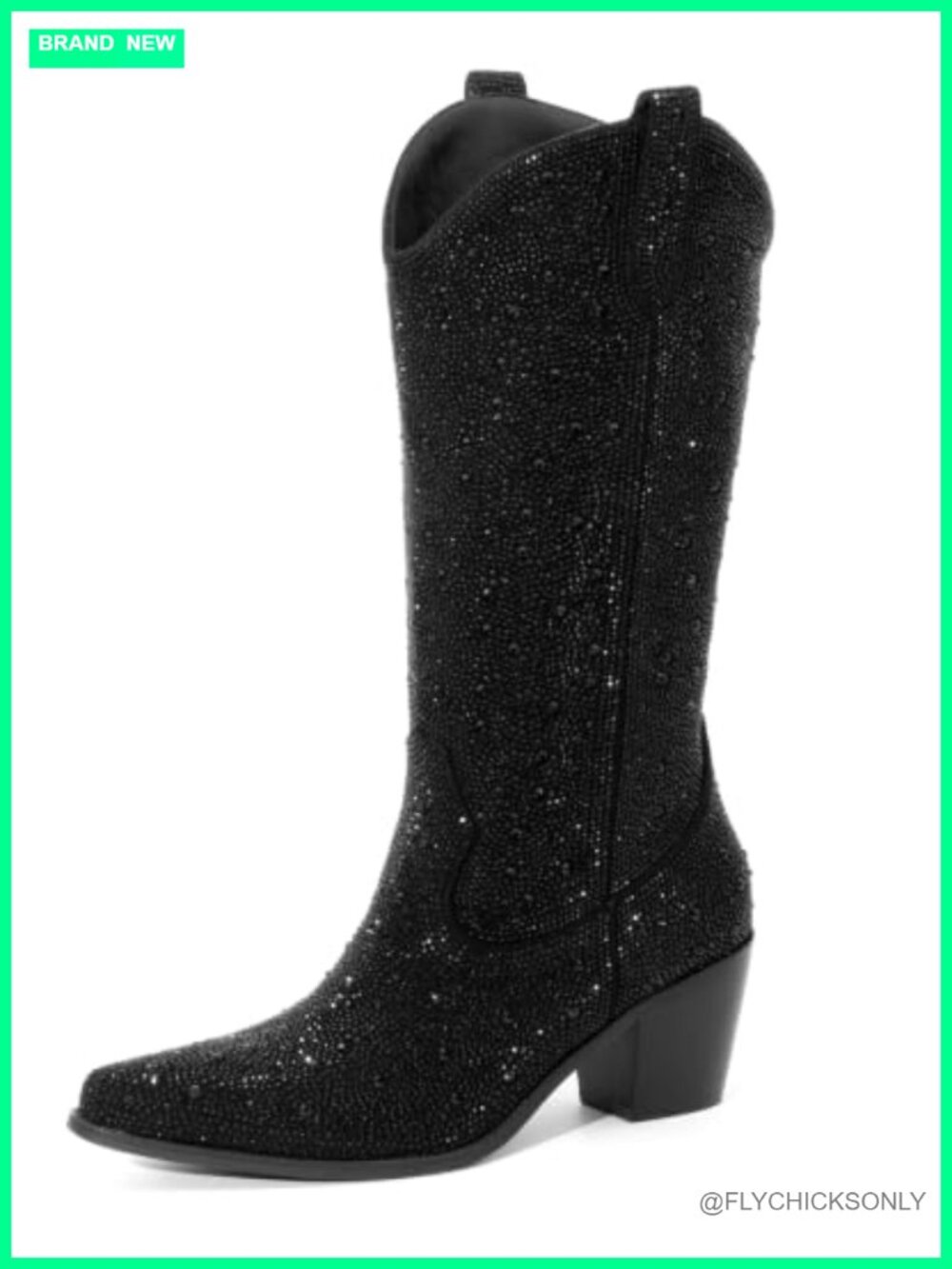 Cowgirl Boots Faux Suede Rhinestone Embroidered Chunky Heel Pointed Toe Knee